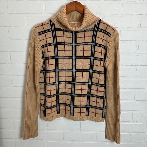 Vintage Knit Sweater Burberry vibe Old money Wool blend Plaid Tan/Black/Red S - Picture 4 of 15